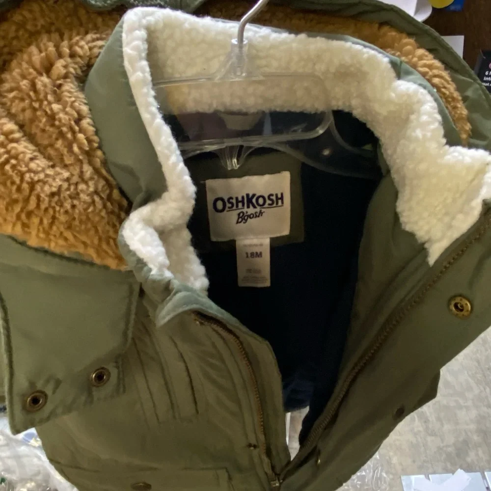 OshKosh B'gosh Olive Green Hooded Parka with Brown Sherpa Lining